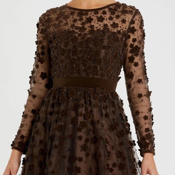 NWT | Mac Duggal Brown Embellished Illusion High Neck Long Sleeve Fit & Flare - Picture 3 of 8